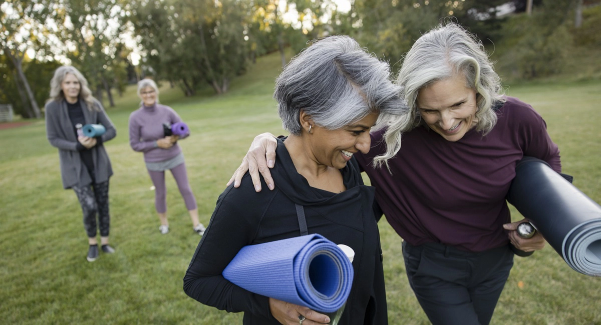 Two women laughing after practicing yoga